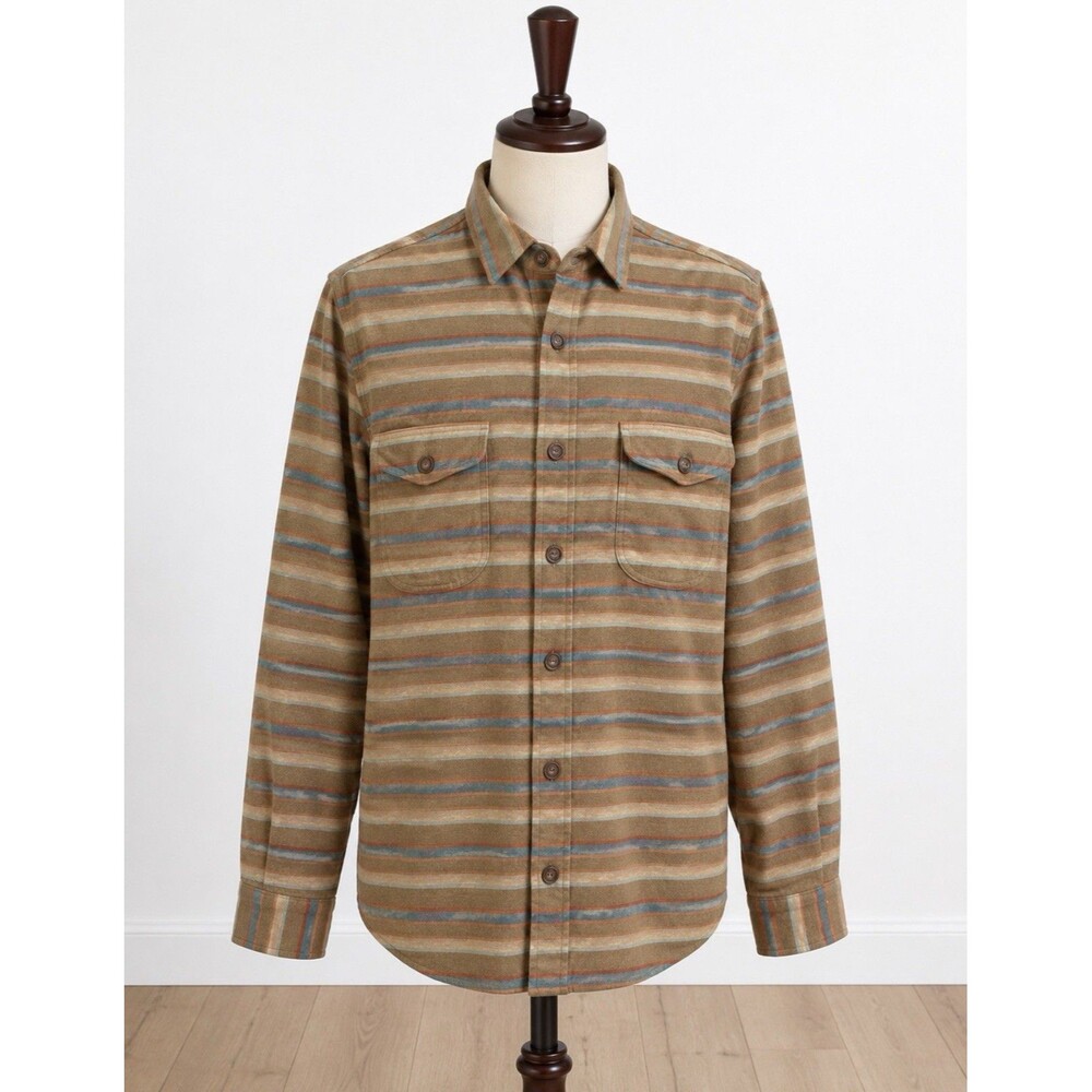 Vissla Med Organic Cotton Flannel Shirt Brown Blue Stripe Button Front Camp Farm